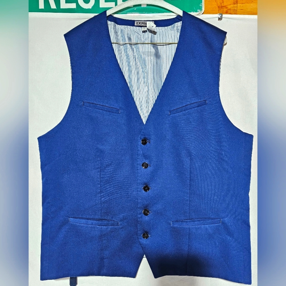 Men's Express Suit Vest Sz L Blue with Pinstripe Interior Pattern